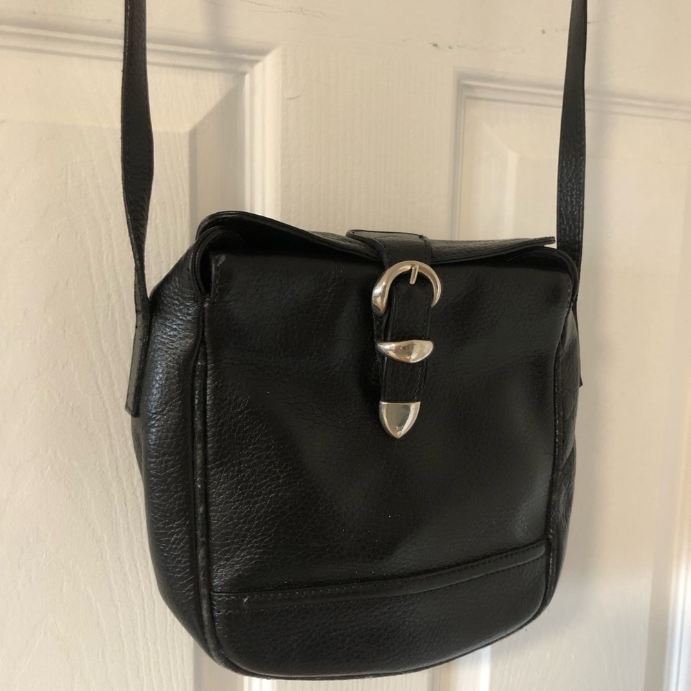Vintage Black Leather Crossbody Bag with Silver Buckle
